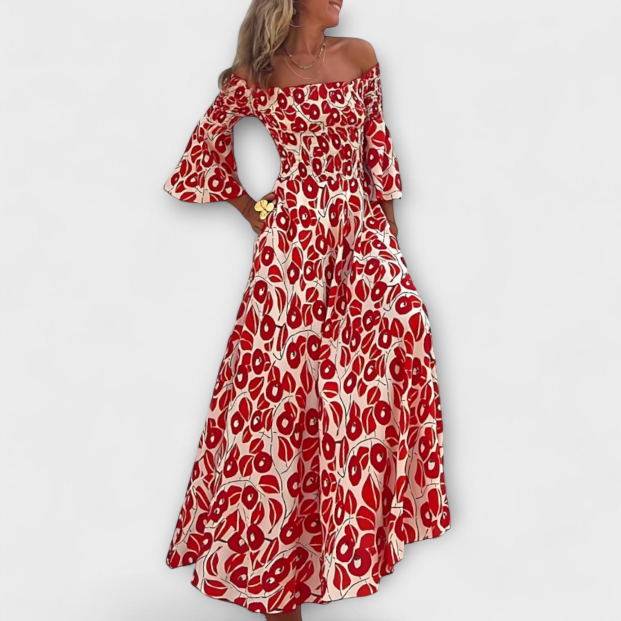 Bella - Vestito con spalle scoperte con fiori oceanici