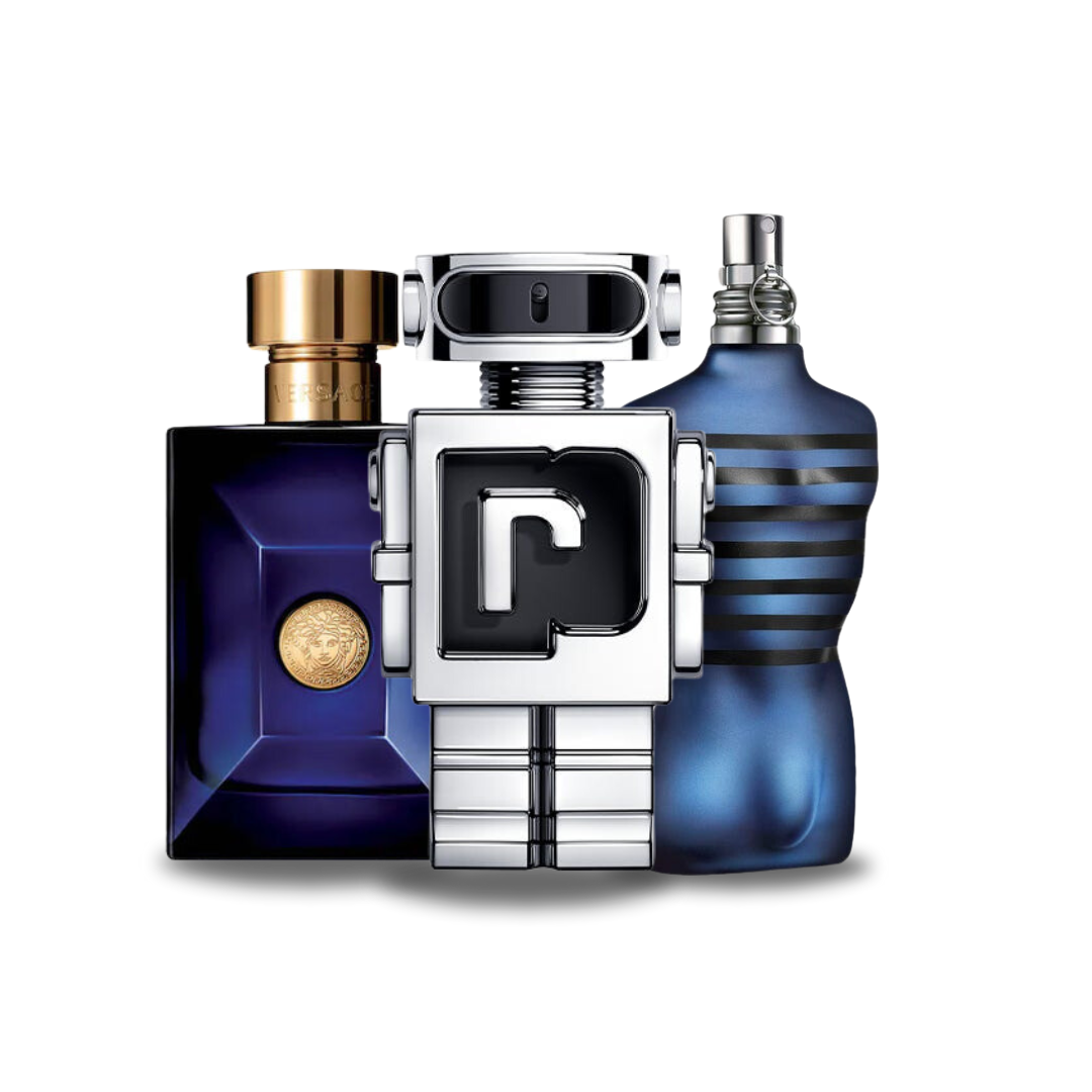 3 parfyme kombinasjoner - Dylan Blue fra Versace, Phantom fra Paco Rabanne og Ultra Male fra Jean Paul Gaultier