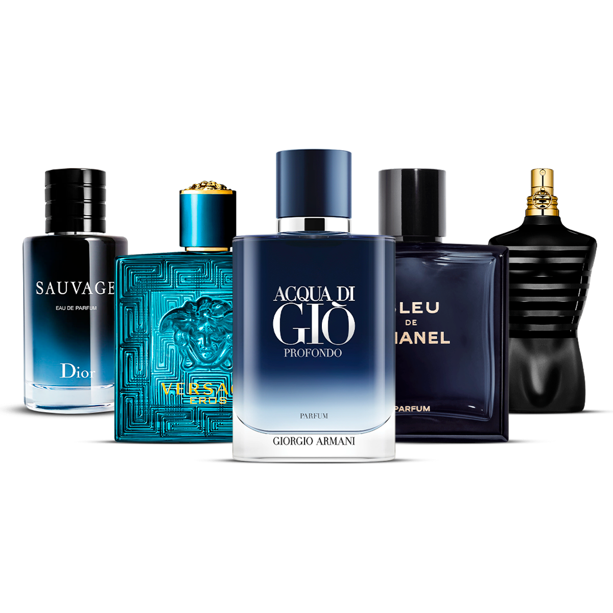 Kombination von 5 Herrendüften – Sauvage, Versace Eros, Acqua di Giò Profondo, Bleu de Chanel und Le Male [100 ml jeweils]