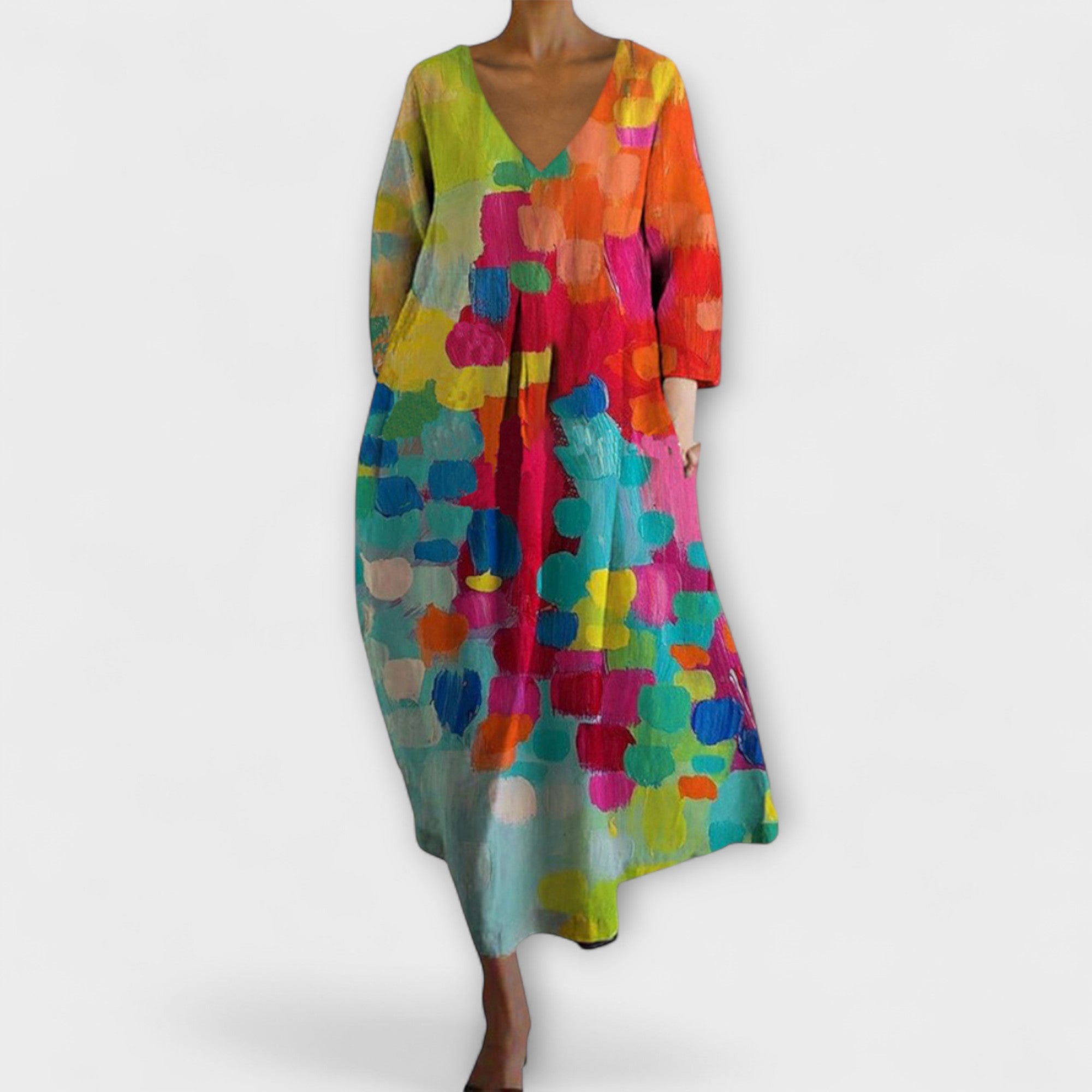 Fiona - Langes, Buntes Kleid mit V-Ausschnitt