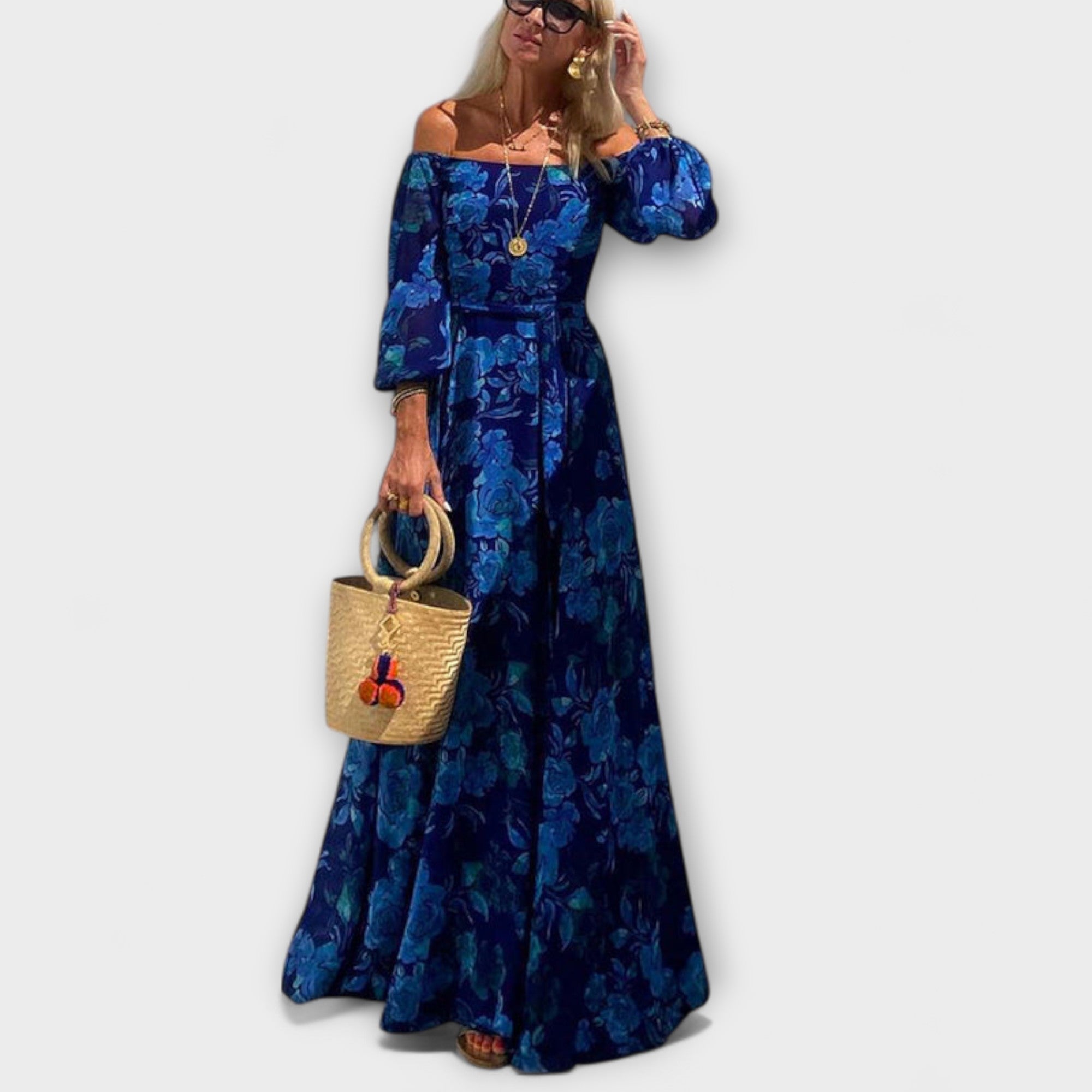 Einer - Blomstret Off-Shoulder Smocked Maxikjole