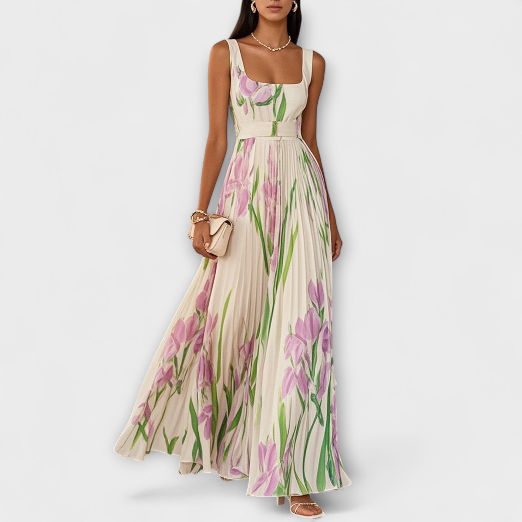 Gefaltetes Blumenmuster Chiffon Maxikleid